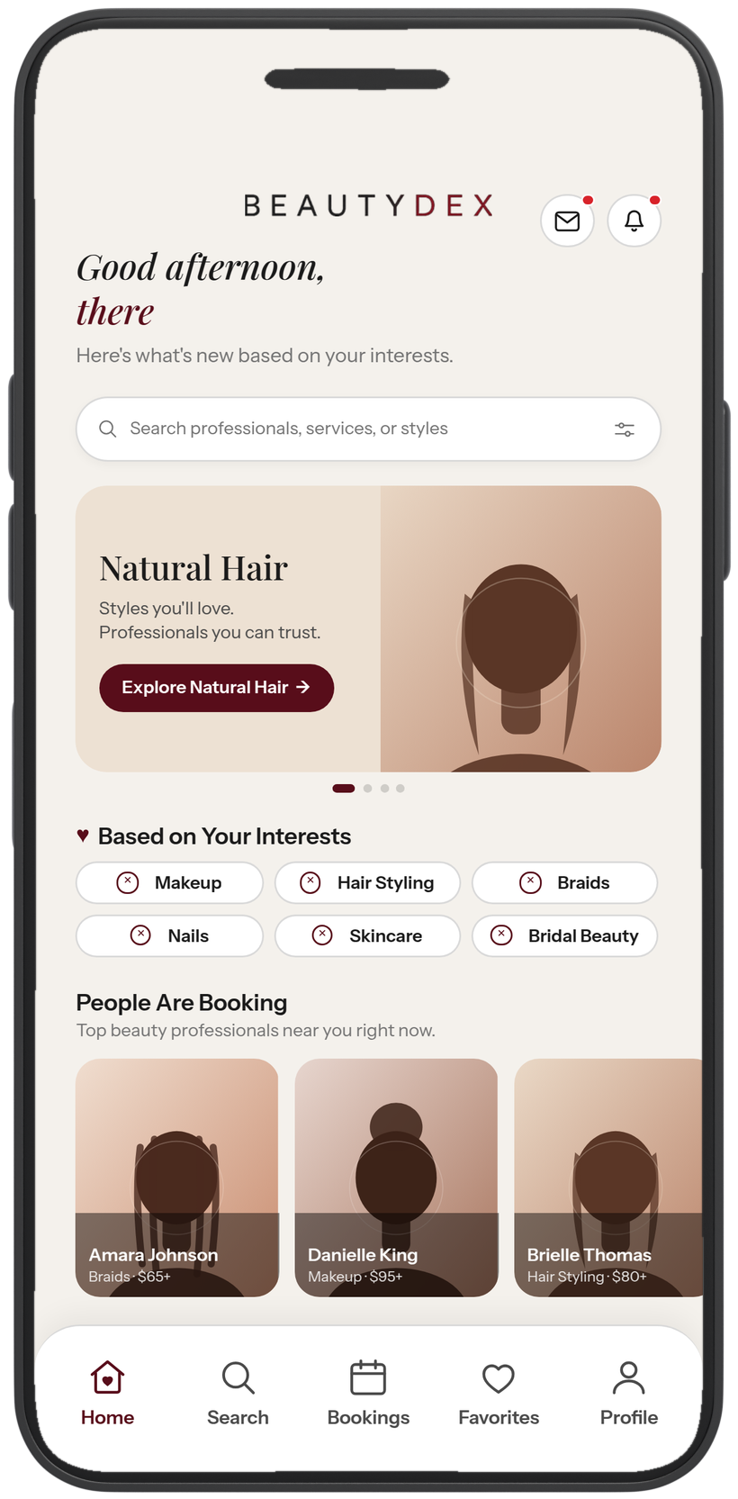 The BeautyDex app showing the Home screen on a phone